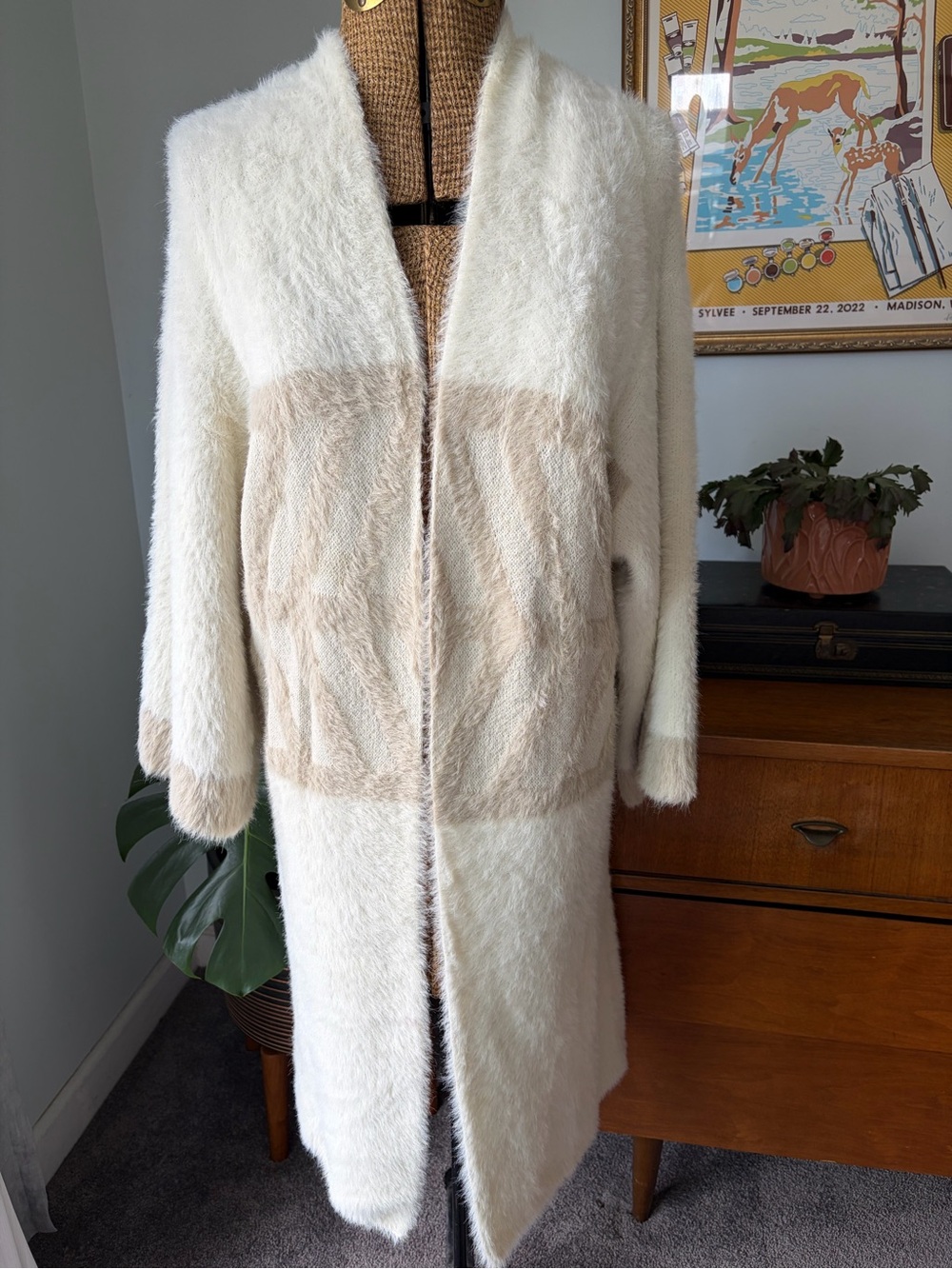Anthropologie Cream Fuzzy Open-Front Cardigan